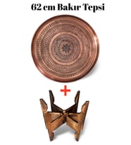 62 cm El İşlemeli Otantik Desenli Kalın Urfa Bakır Tepsi + Katlanabilir Sehpa - BAKIR-TPS502