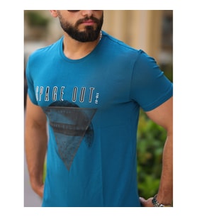 Erkek Baskılı Slim Fit Pamuklu T-Shirt 39074 Petrol