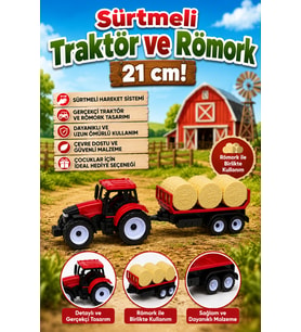 Sürtmeli Römorklu Oyuncak Traktör Seti Saman Balyalı Çiftlik Aracı 21 cm