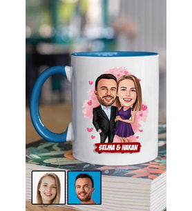 Sevgiliye Romantik Yıldönümü Hediyesi Karikatürlü Mavi Kupa Bardak