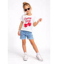 Cherry Girly Serisi Kız Çocuk Denim Şortlu Yazlık  - 2'li Takım-71799 (Beyaz)