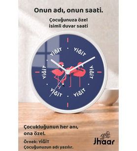 İsme Özel Lacivert Pembe Flamingo Çocuk Odası Duvar Saati Orta Boy 30 cm Beyaz Camlı Sessiz