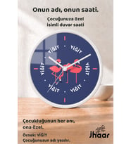 İsme Özel Lacivert Pembe Flamingo Çocuk Odası Duvar Saati Orta Boy 30 cm Beyaz Camlı Sessiz
