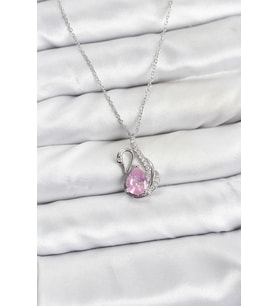 316L Çelik Zincir Gümüş Renk Pembe Kuğu Model Zirkon Taşlı Kadın Kolye