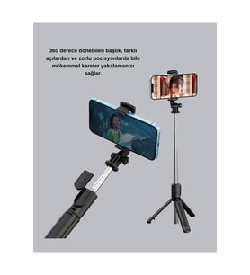 Kablosuz Bluetooth Selfie Çubuğu, 360° Dönebilen, Taşınabilir ve Şık Tasarım