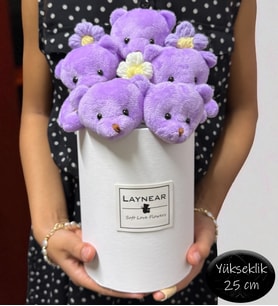 Beyaz Silindir Kutu İçinde Sevimli Lila Renkli Peluş Ayıcıklar