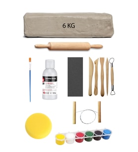 Beyaz Seramik Hamuru 6 kg Kil Ebeşuar Seti 6x15 ml Akrilik Set 120 cc Vernik Ahşap Merdane Zımpara