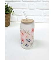 Bambu Kapaklı Mavi Yaprak ve Pembe Çiçek Desenli Pipetli Buzlu Cam Bardak (Çok Renkli)