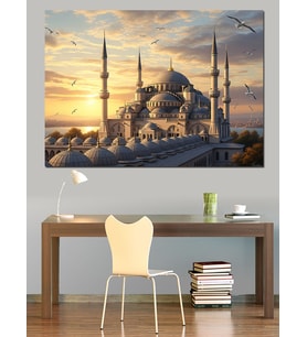 Gün Batımında Cami Ve Martılar Dekoratif Kanvas - Mdf Ahşap Tablo