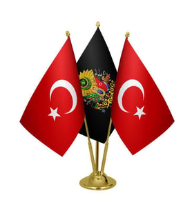 Masa Üstü Siyah Osmanlı Arması Bayrağı Türk Bayrağı Üçlü Pirinç Direk Masa Bayrak Seti