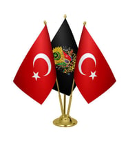 Masa Üstü Siyah Osmanlı Arması Bayrağı Türk Bayrağı Üçlü Pirinç Direk Masa Bayrak Seti
