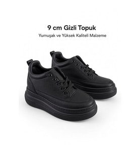 Kadın Gizli Topuk Yüksek Taban Sneaker Ayakkabı-SİYAH