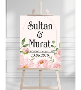 Söz Nişan Düğün İçin 50x70 Karşılama Panosu - Pembe Çiçek ve Yaprak Tasarımlı