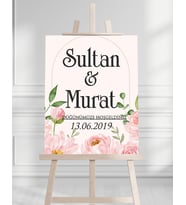 Söz Nişan Düğün İçin 50x70 Karşılama Panosu - Pembe Çiçek ve Yaprak Tasarımlı