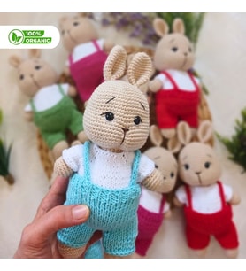 Sarı Yumak Amigurumi Tavşan - Organik, El Yapımı, Örgü Oyuncak (Mavi)