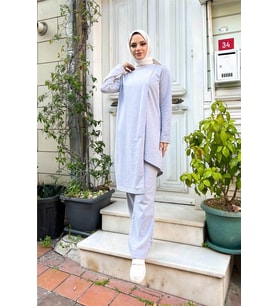 Kruvaze Bisiklet Yaka Sade Basic Tunik Panolon İkili Takım - 03076.008 - Gri
