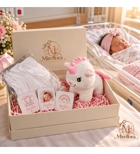 Unicorn Peluşlu Kız Bebek Hediye Seti – Kişiye Özel Baskılı Kıyafet ve 3 Fotoğraf Magnet