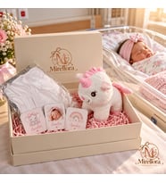 Unicorn Peluşlu Kız Bebek Hediye Seti – Kişiye Özel Baskılı Kıyafet ve 3 Fotoğraf Magnet