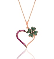Söğütlü Silver Gümüş rose fuşya ve yeşil taşlı yonca kalp kolye
