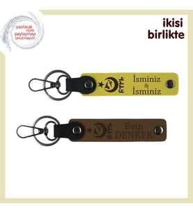 Aşkı Yaşat – Ayyıldız Kurt Göktürk Desenli Kişisel Deri Anahtarlık Hediyelik Set x2, Sarı-Kahve (Çok Renkli)