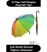 Gökkuşağı Şemsiye 12 Fiber Telli Siyah Baston Saplı Rengarenk Geniş Koruma Alanlı Su İtici Kumaş Rüz
