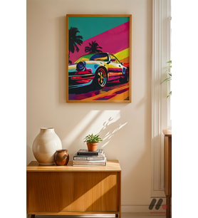 Renkli Spor Araba Pop Art, Ahşap Çerçeveli Duvar Tablosu - Renkli Ev Dekorasyonu