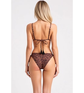 Kadın Bikini Takımı Leopar Desen Üçgen Kap Düşük Bel Püskül Detay Kolsuz Örme Kumaş Regular Kesim