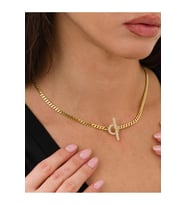 Vog Altın T Bar Zirconia Taş Detaylı Kilit Choker Gurmet Zincirli Sevgiliye Eşe Anneye Hediye Kolye