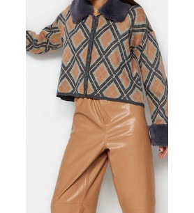 Kadın Modern Tarz Regular Polo Yaka Regular Triko Hırka (Bej)
