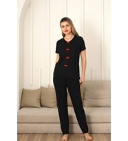 Monox Kadın Kırmızı Fiyonklu Beyaz Puantiyeli Kısa Kol Pijama Takımı (Siyah)