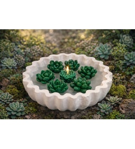 GREEN LOTUS-El Yapımı - hediyelik Sukulent Mum  Dekoratif Kase (Yeşil-Beyaz)