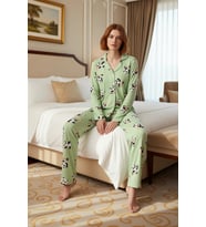 Kadin Ekose Ayicik Desenli Pijama Takımı Gömlek Yaka Uzun Kollu Fonksiyonel Dayanıklı Spor