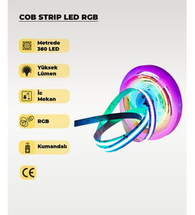 12V COB Şerit Led RGB  - Kumandalı - Metrede 360 Led - 5 Metre