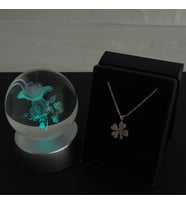 Yonca Kolye Özel Kutuda & I Love You Güllü Model Cam Küre Işıklı Standlı Set