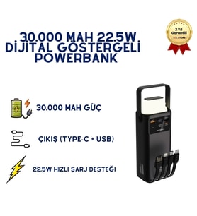 PW-112 30.000 mAh Powerbank 22.5W Hızlı Şarjlı Dijital Ekranlı Taşınabilir Şarj Cihazı