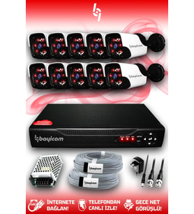 BAYICAM 10 Kameralı Panda 10 Dış Kamera Set HDD'siz Full HD Gece Görüşlü Güvenlik Kamerası Sistemi