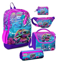 Coral High Kız Çocuk Pembe Mor Kaplumbağa Desenli Beşli İlkokul Okul Çanta Seti (Çok Renkli)