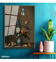 Altın Renk Metal Çerçeveli Tamperli Cam Tablo Jan van Huysum Vazolu Çiçekler Deniz Kabukları Ressam Tablosu Dekoru