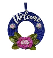 Pembe Güllü Welcome Yazılı Lacivert Kapı Süsü