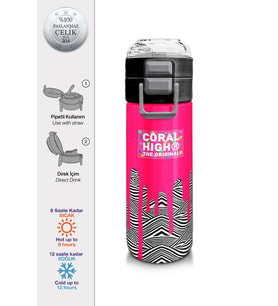 Coral High Kız Çocuk 500 ml Okul ve Günlük Paslanmaz Çelik Termos - Pembe Siyah Beyaz Desenli - Sızdırmaz
