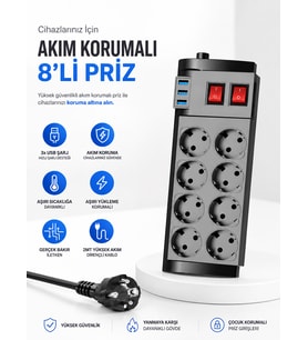 4000W, 16A, Akım Korumalı Priz 8XPRİZ, 3XUSB, 2mt Kablo, Çoklayıcı