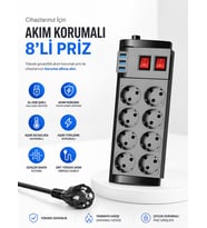 4000W, 16A, Akım Korumalı Priz 8XPRİZ, 3XUSB, 2mt Kablo, Çoklayıcı