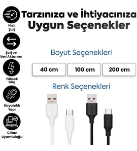 USB to Type-C ile Uyumlu iPhone ve Samsung ile Uyumlu Hızlı Şarj ve Data Kablosu 100 cm (Beyaz)