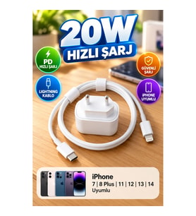 iPhone 7, 8 Plus, 11, 12, 13 ve 14 Uyumlu 20W PD Hızlı Şarj Adaptörü ve Lightning Kablo Seti