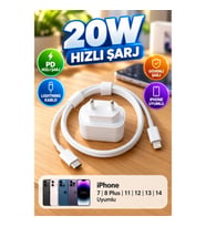 iPhone 7, 8 Plus, 11, 12, 13 ve 14 Uyumlu 20W PD Hızlı Şarj Adaptörü ve Lightning Kablo Seti