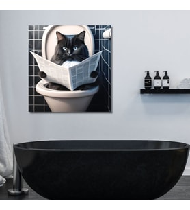 Tekli Kare Kanvas Banyo Tablosu Gazete Okuyan Siyah Smokin Kedi Mavi Gözlü