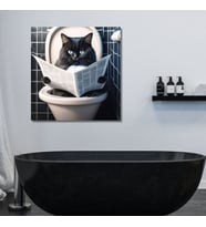Tekli Kare Kanvas Banyo Tablosu Gazete Okuyan Siyah Smokin Kedi Mavi Gözlü