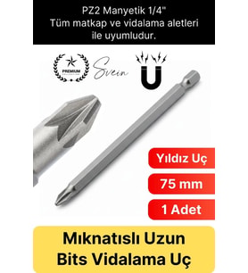 #Bitsuç Mıknatıslı 75 mm Yıldız Vidalama Bits Uç PZ2 Manyetik 1/4" Şarjlı Matkap Ucu Uzun Boy 1 Adet