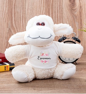 Kişiye Özel Çiçek Çerçeveli İsimli Peluş Koyun (Beyaz)