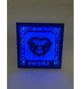 Kişiye Özel Ahşap Gece Lambası  Sevgiyi Aydınlatan Dekoratif Led Işıklı  Kuş ve Kalp Temalı Mavi